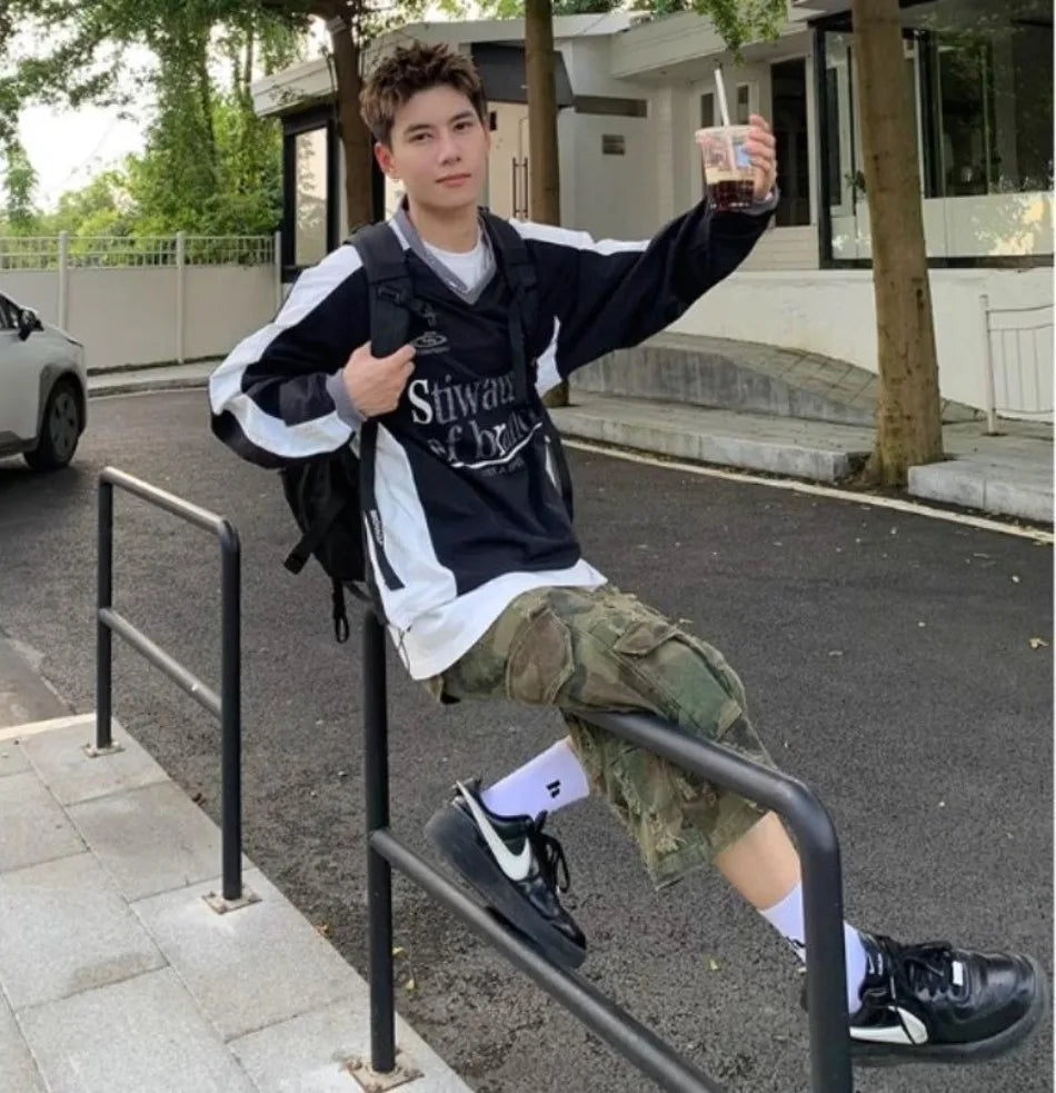 HEARUJOY  -  Spring American Trendy Mens T-shirt Spring Autumn Hip Hop Emblem Embroidery Long Sleeved Tops Color Block Loose Male Tees