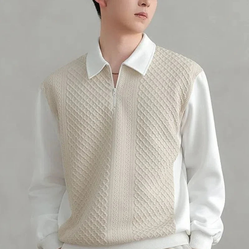 HEARUJOY  -  Trend Fashion Men Polo Shirts Spring Autumn New Lapel Half Zipper Fake Two Pieces Contrast Color Korean Casual Long Sleeve Tops