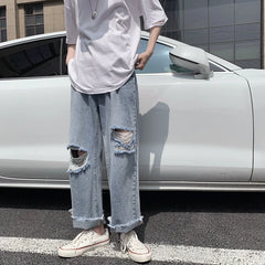 Hearujoy Spring and Summer New Men's Torn Jeans Street Hip-hop Loose Wide Leg Pants Thin Fur Pants Brand Men's Clothing Ripped