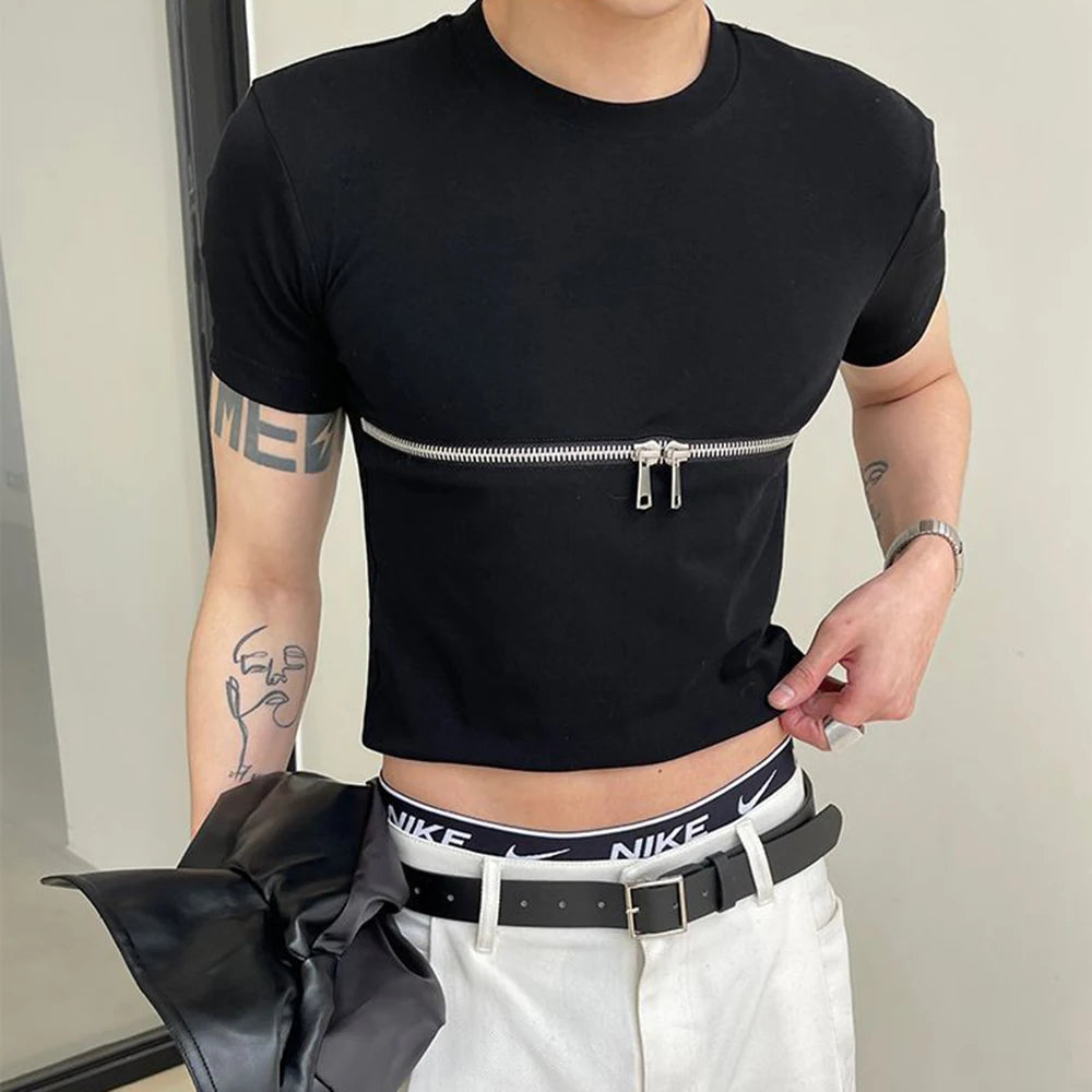 Hearujoy 2024 Men T Shirt Zipper Solid Color O-neck Short Sleeve Fashion Men Crop Tops Summer Streetwear Casual Camisetas Navy Navel Tees