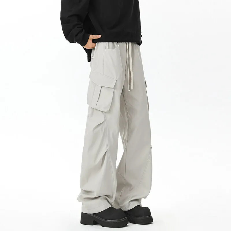 HEARUJOY  -  Pocket Casual Pants Men Retro Black Cargo Pants Men Japanese Streetwear Hip-hop Loose Straight Pants Mens Vintage Trousers