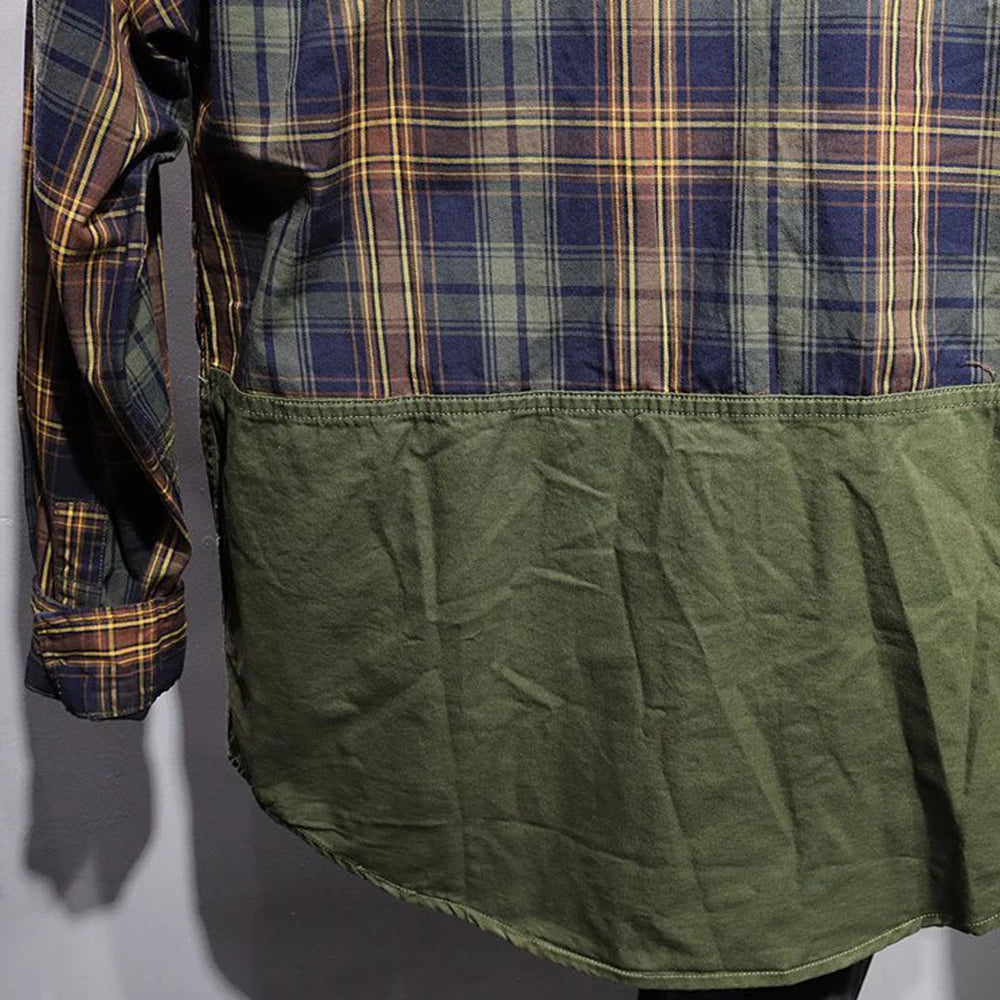 Hearujoy Spring And Summer Casual Shirt For Men Retro Japanese Style Simple Comfortable Spliced Long-Sleeve Loose Plaid Cargo Shirt
