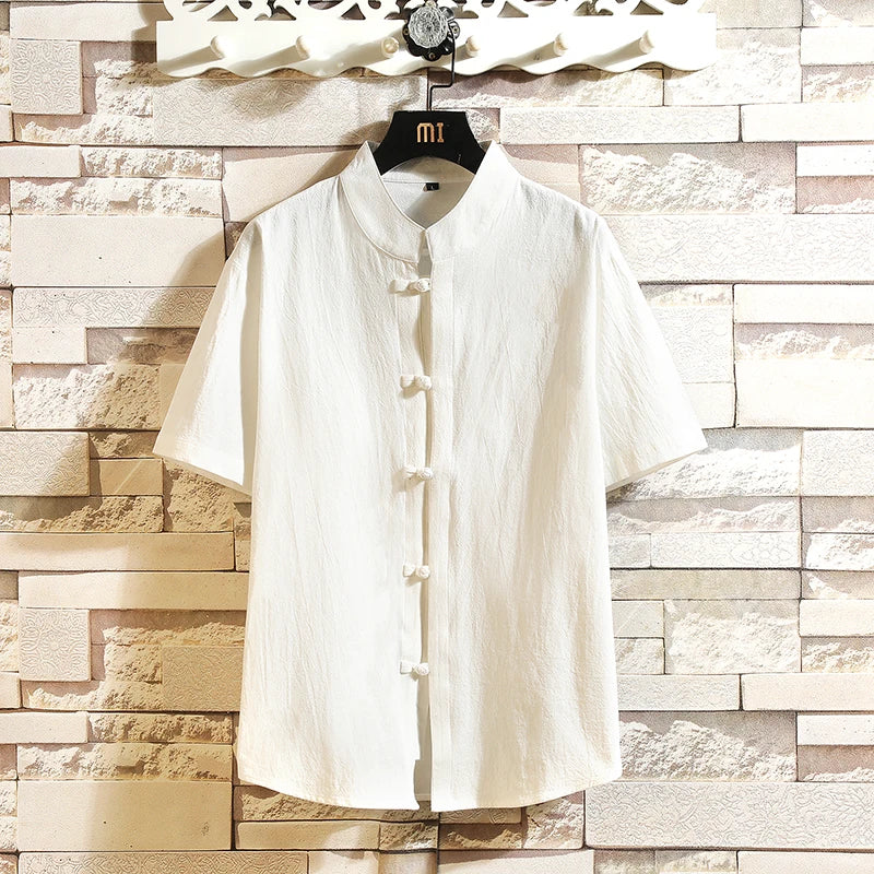 HEARUJOY  -  Summer Tang Suit Chinese Shirt Style Jacket Collar Traditional for Men Cotton Linen Solid color Top Hanfu Men Shirts