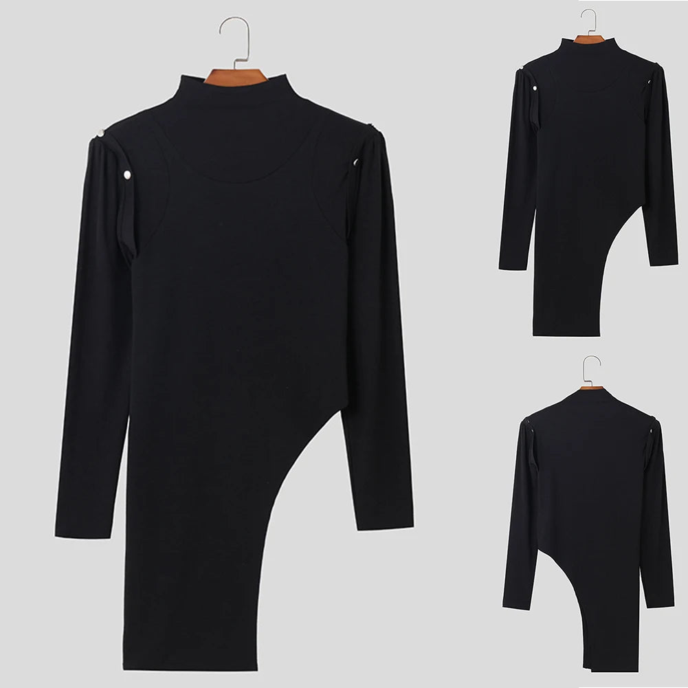 HEARUJOY  -  Everyday Casual Men Long Sleeve T Shirt Irregular Turtleneck Casual Off Shoulder Top Fall Clothing Regular Length