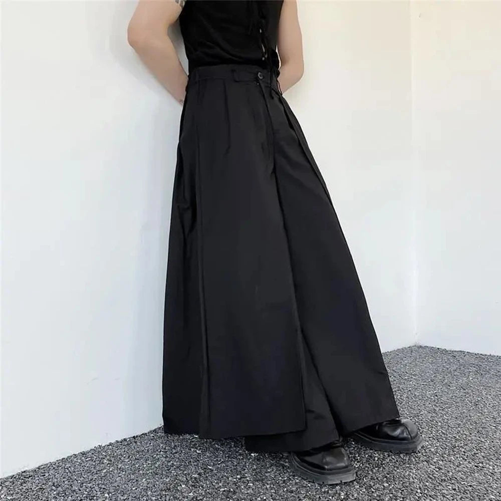 Hearujoy Mens Japanese Dark Knight Style Skirt Pant Essential Couples Retro High-Waisted Double-Layer Wide-Leg Slit Casual Pants For Men