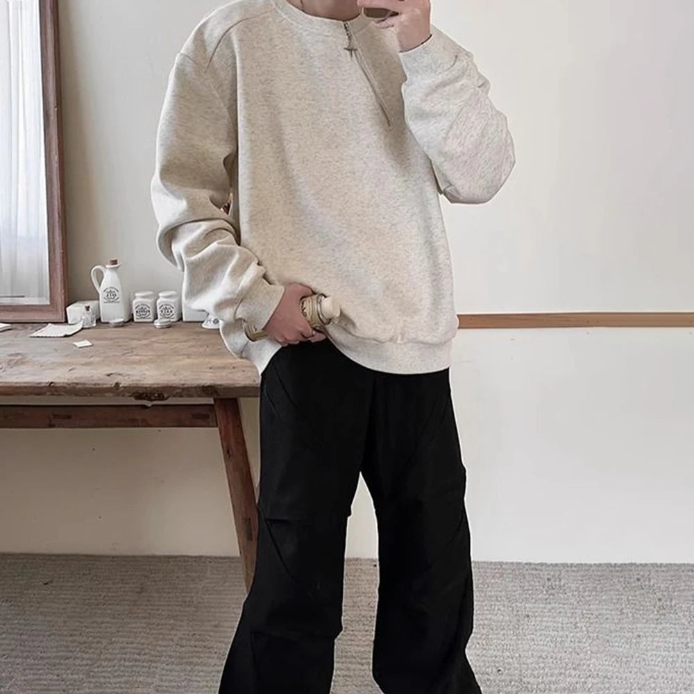 HEARUJOY  -  Men Sweatshirt Side Zip Casual Tshirt Autumn Streetwear Fashion Trend Youth All-Match Daily Long-Sleeved Top Male Men'S Clothing