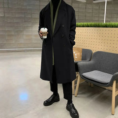 Hearujoy Mens Double-Breasted Mid-Length Coat Autumn Winter Genderless Korean Style Fashion Commuter Thickened Elegant Retro Coat Unisex