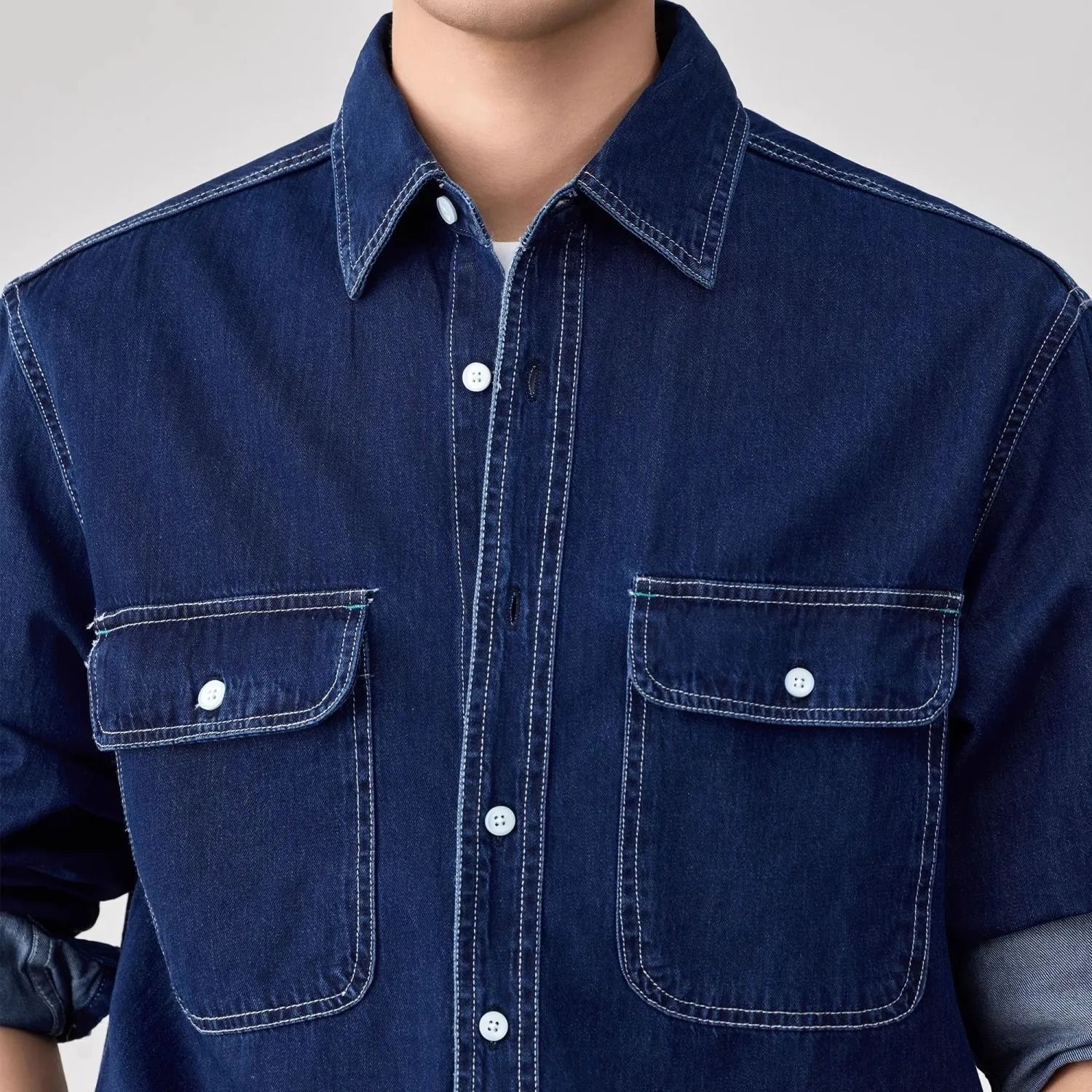 HEARUJOY  -  American Vintage Men's Denim Shirt Safari Style Double Pocket Lapel Long Sleeve Top Spring Autumn Fashion Streetwear Shirts Male