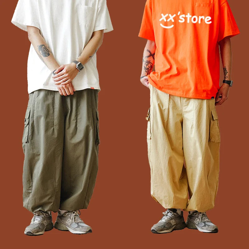 Hearujoy Baggy Cargo Pants Men's Wide Leg Trousers Male Oversize Japanese Cropped Ankle-length Pocket Casual Streetwear hip hop