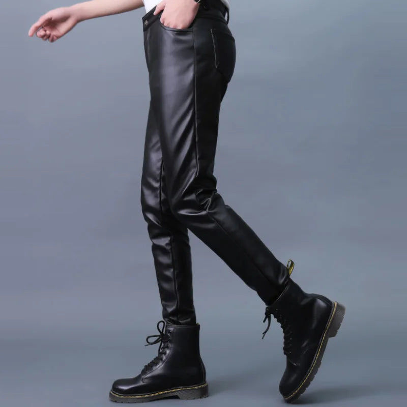 Hearujoy Men Leather Pants Slim PU Leather Trousers Fashion Elastic Motorcycle Leather Pants Waterproof Oil-Proof Male Bottoms Oversized