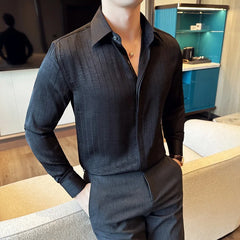 HEARUJOY  -  Spring Summer Men Smart Casual Black Shirts Fashion Men High Quality Striped Shirts Male Formal Party Wedding Blouse