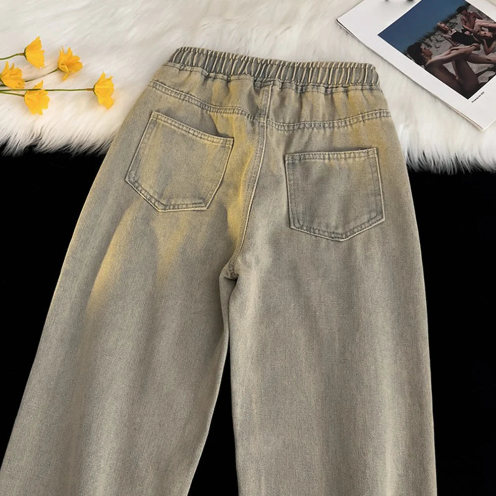 HEARUJOY  -  Men Vintage Korean Casual Pants High Street Hip Hop Straight Wide Leg Jeans Male Drawstring Streetwear