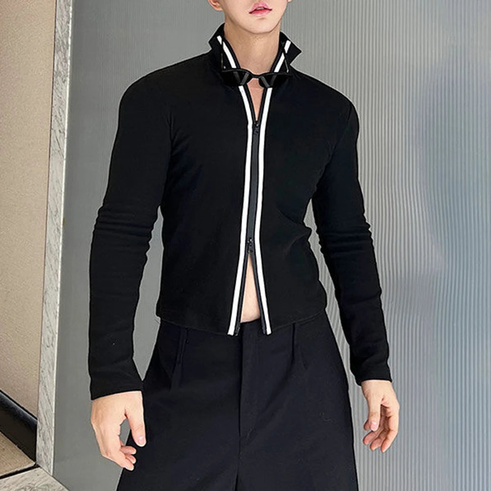HEARUJOY  -  Men T-Shirt Slim Fit Contrast Color Two-Way Zipper T-Shirt Streetwear Personality Fashion Casual Long-Sleeve Tops Men'S Clothing