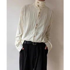 HEARUJOY  -  Men's French Style Vintage Pleated Textured High Collar Button Up Shirt Spring Autumn Y2K Harajuku Solid Long Sleeve Loose Tops