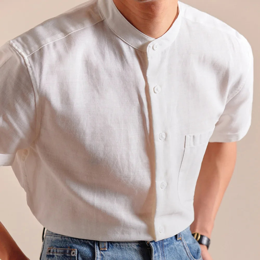 HEARUJOY  -  Natural Linen Cotton Blend Stand Up Collar Shirt Top Quality Men's Short Sleeved Casual Loose Thin Breathable Shirt 3 Colors