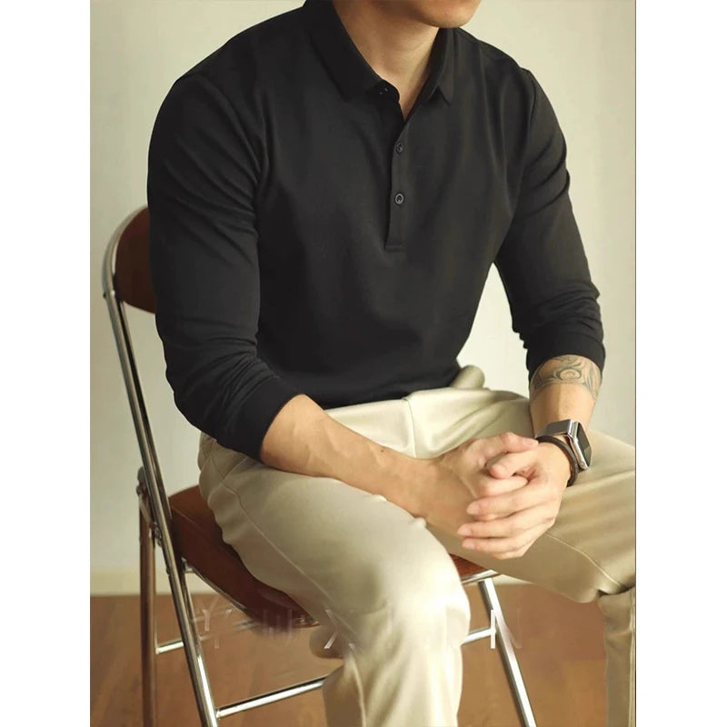 HEARUJOY  -  New American Retro Men Polo Shirt Light Luxury Solid Color Slim-fit Commuting Long Sleeve T-shirt Leisure Business Pullover Tops