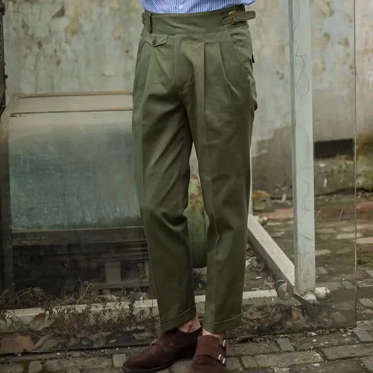 HEARUJOY  -  Vintage Green Gurkha Pants For Men Adjustable Waist Buckle Cotton Naples Trousers Fashion Casual Loose Ankle-Length Cargo Pants