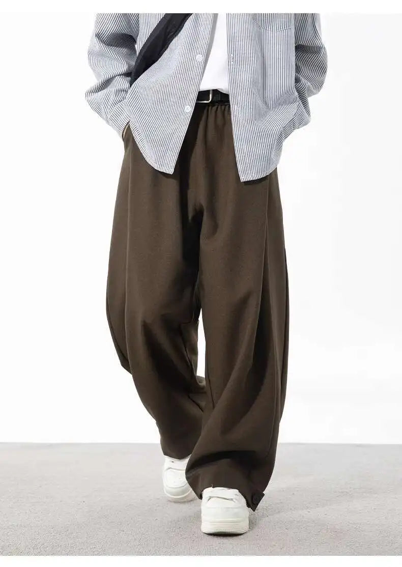 HEARUJOY  -  Korean Style Men's Suit Pants Solid Color Pleated Design Botton Drawstring Simple Elastic Waist Summer Male Trousers