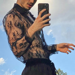 HEARUJOY  -  Mens esh Tops See Through Long Sleeve Floral Clubwear Party Tee Blouse Polyester Black Fit M~2XL Casual Button Down Shirts