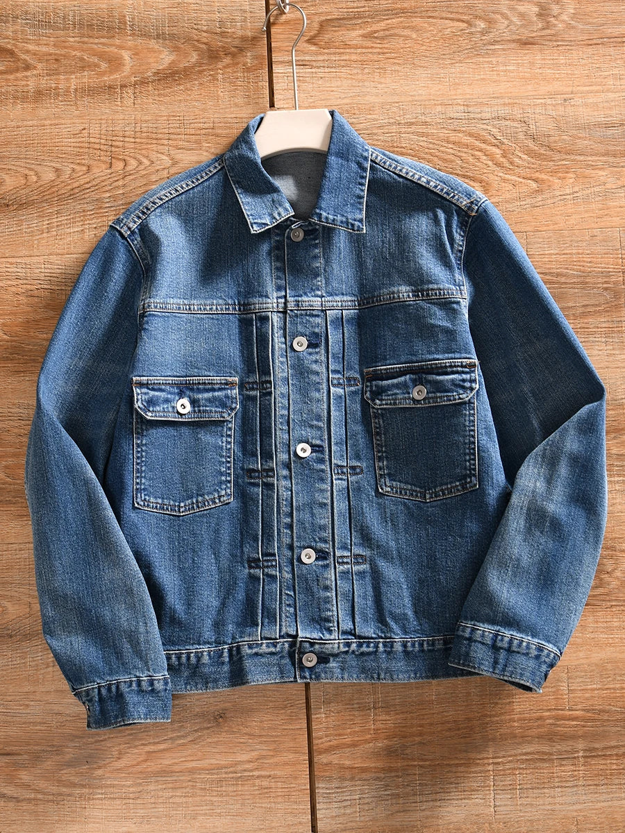 HEARUJOY  -  Amekaji High Quality Autumn and Winter Style Men's Denim Jacket Couple's Lapel Retro Washed Workwear Coat Trendy
