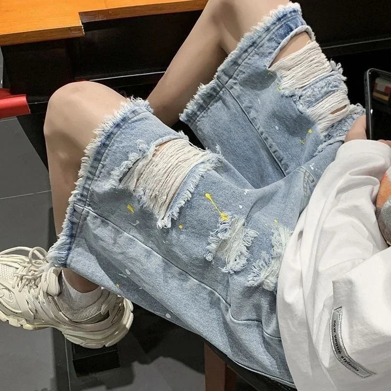 HEARUJOY  -  Loose Wide Ripped Bermuda Big Size with Pockets Half Long Baggy Oversize Short Jeans Pants for Men Man Denim Shorts Popular Emo