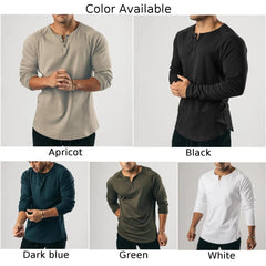 HEARUJOY  -  Fashion New T-Shirt Mens Elastic Henley Grandad Long Sleeve Pullovers Slim Fit Solid Color Undershirt V Neck Tops