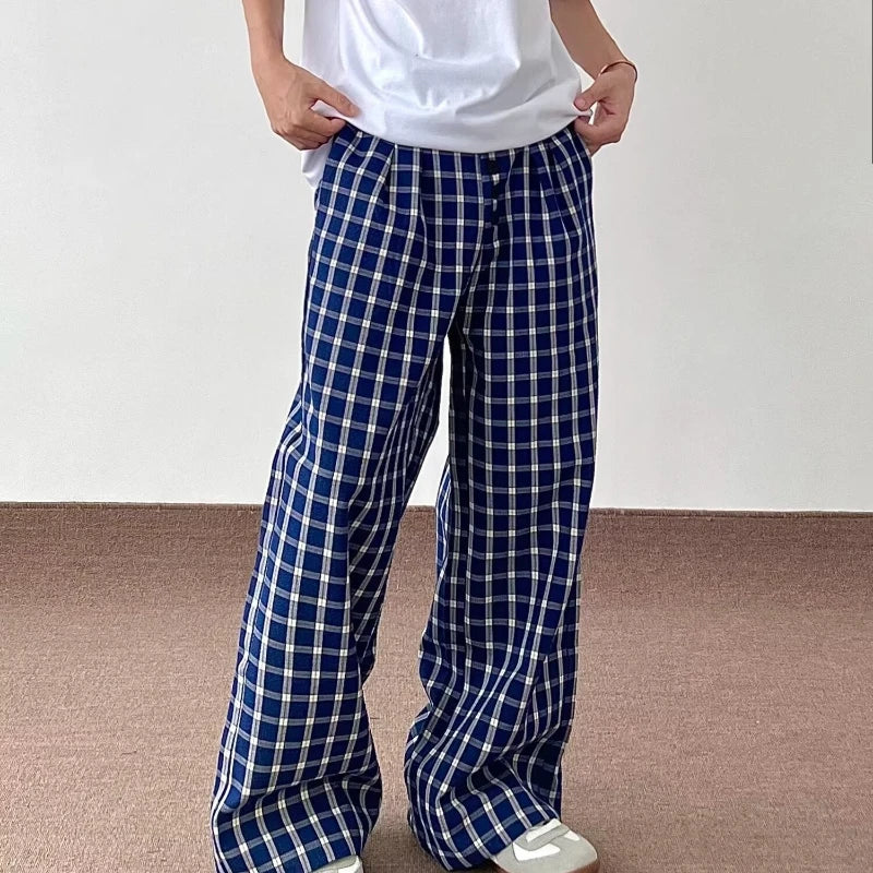 HEARUJOY  -  Blue Checkered Straight Leg Pants Mens Retro Trendy Loose Couple Casual Trousers Multiple Buckles College Pantalones Hombre