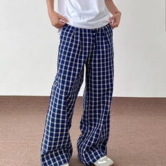 HEARUJOY  -  Blue Checkered Straight Leg Pants Mens Retro Trendy Loose Couple Casual Trousers Multiple Buckles College Pantalones Hombre