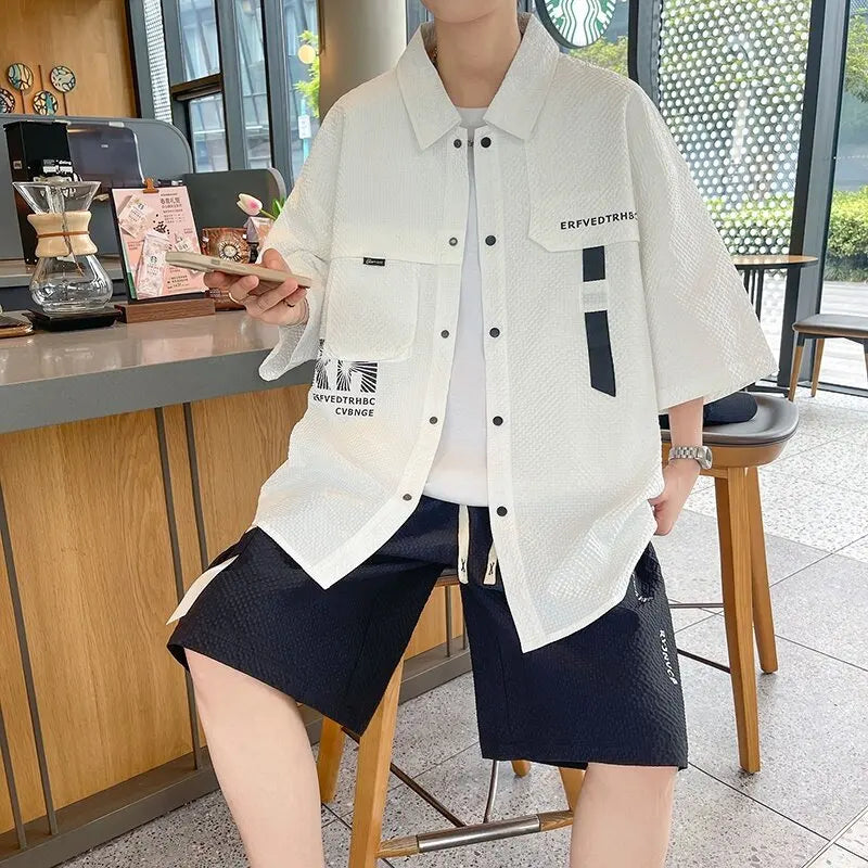 HEARUJOY  -  Summer fashion 2 Pieces Set Tracksuit Men's Two Piece Shirt Shorts Harajuku Streetwear Men Sets Short Sportswear Suits
