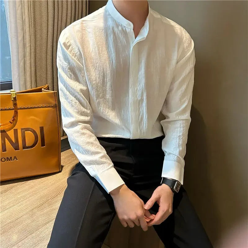 HEARUJOY  -  Long-sleeved Stand-collar Pleated Shirt Men's Summer Seaside Vacation Style Casual and Versatile Solid Color Spring Autumn Shirt