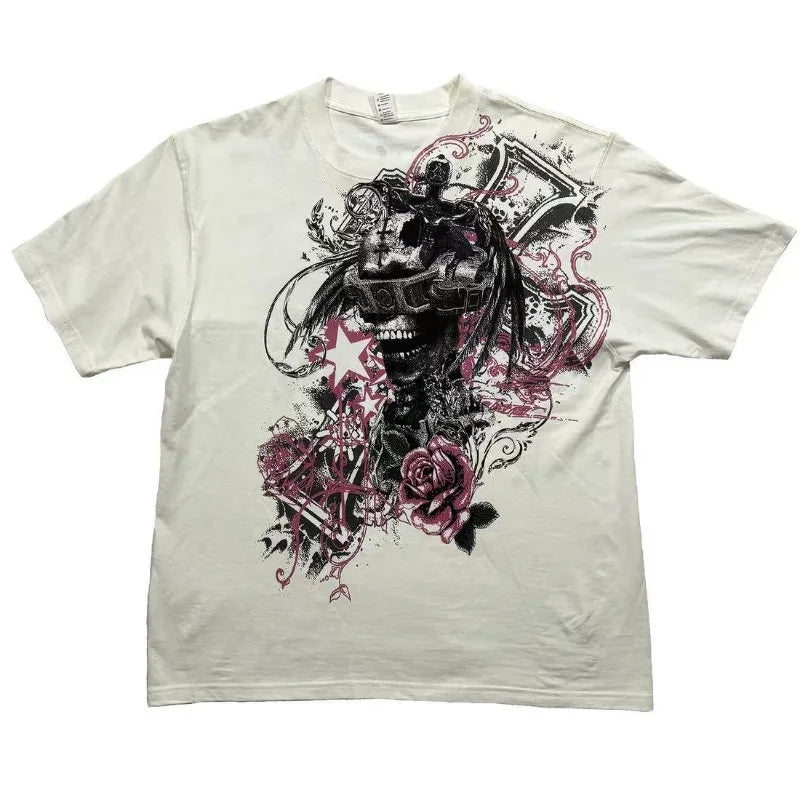 Hearujoy Y2k Harajuku Trend Hip Hop Oversized T-shirt Vintage Goth loose shirt Skull personality design printed short sleeve men clothing