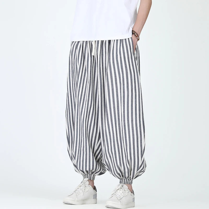 HEARUJOY  -  Men Casual Harem Pants Man Stripe Loose Jogging Pants Male Streetwear Cotton Linen Trousers Man Harajuku Wide Leg Pants
