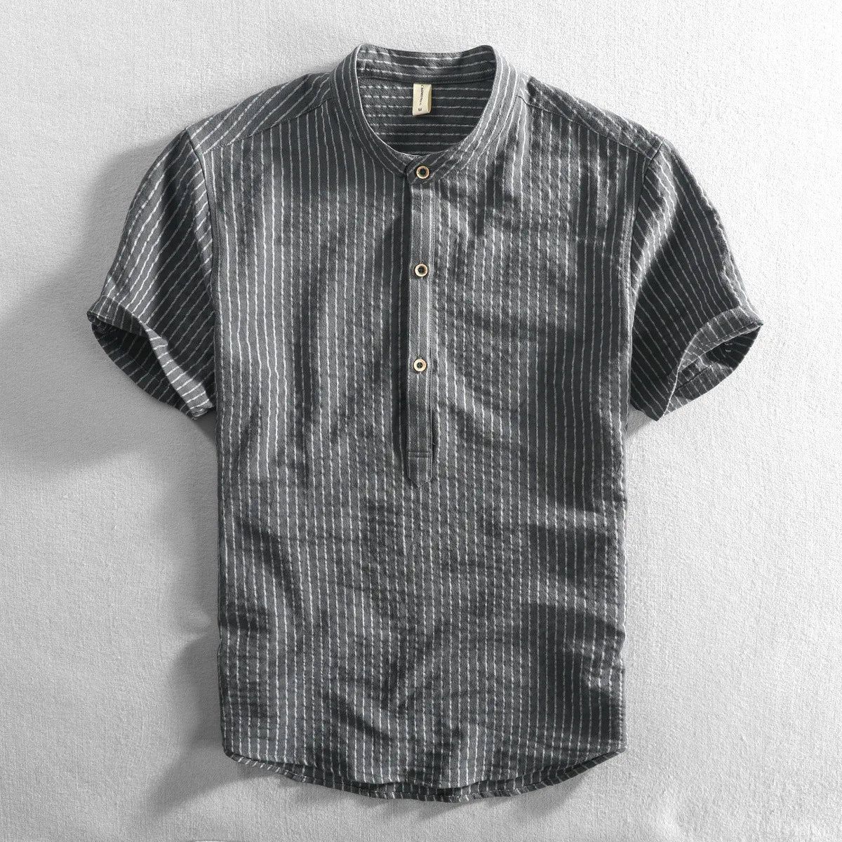 HEARUJOY  -  Men's Casual Cotton Shirt Short Sleeve Blouse Tops Summer Botton Pinstripe Holiday Shirt Comfortable Handsome Men Henley Shirt