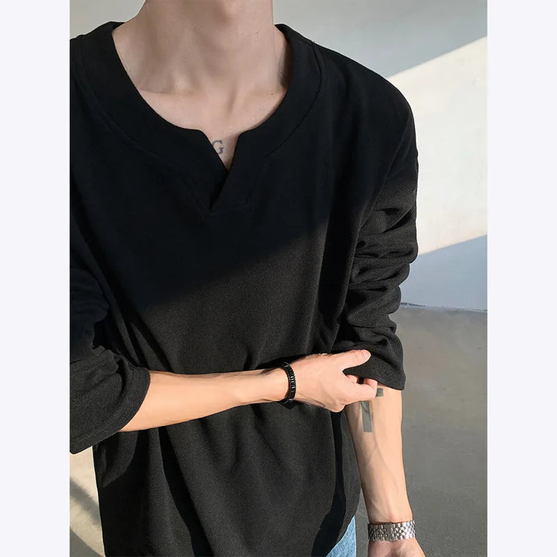 HEARUJOY  -  Spring Long Sleeved T-shirt Men Fashion V-neck Pullover T Shirt Men Streetwear Korean Loose Pullover T Shirt Mens Top M-3XL