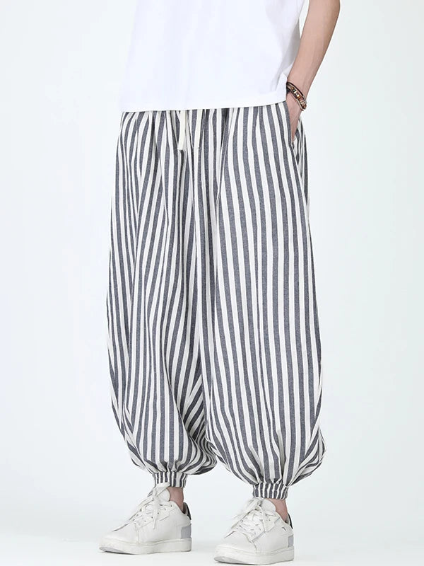 HEARUJOY  -  Men Casual Harem Pants Man Stripe Loose Jogging Pants Male Streetwear Cotton Linen Trousers Man Harajuku Wide Leg Pants