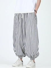 HEARUJOY  -  Men Casual Harem Pants Man Stripe Loose Jogging Pants Male Streetwear Cotton Linen Trousers Man Harajuku Wide Leg Pants