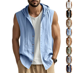 HEARUJOY  -  Summer Men's Casual Sleeveless Hooded Shirt, Linen Hooded Solid Color, Breathable and Loose Top