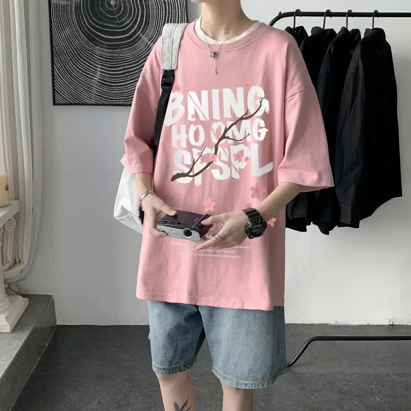 HEARUJOY  -  Men's CottonT-shirt Letters Mens Summer T Shirts White Fashion 5XL Oversized Tee Shirts Casual Tshirt for Man