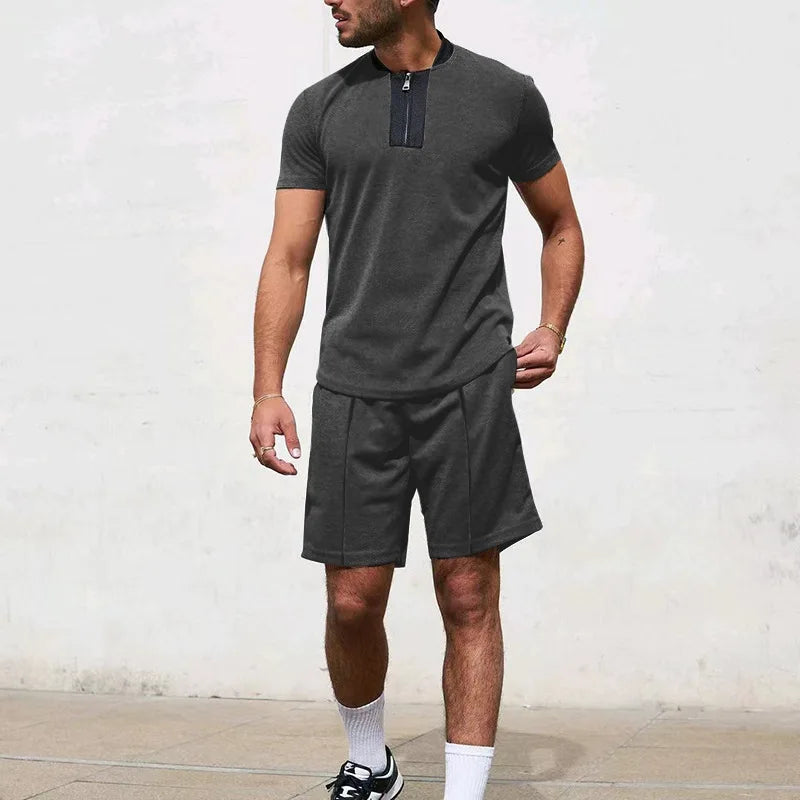 HEARUJOY  -  Men's Tracksuit 2 Piece Set Waffle V-neck Zipper Short Sleeve T Shirt And Shorts Summer Casual Fashion Sport Suit  Man Clothing