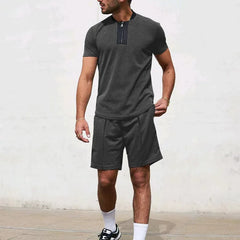 HEARUJOY  -  Men's Tracksuit 2 Piece Set Waffle V-neck Zipper Short Sleeve T Shirt And Shorts Summer Casual Fashion Sport Suit  Man Clothing