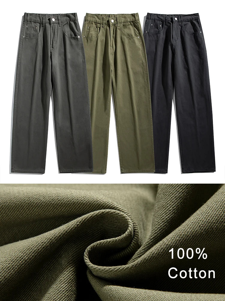 HEARUJOY  -  Korean Style Men’s Casual Pants for Spring Summer 100% Cotton Elastic Waist Solid Color Wide Leg Slacks Loose Straight Trousers