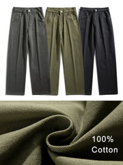 HEARUJOY  -  Korean Style Men’s Casual Pants for Spring Summer 100% Cotton Elastic Waist Solid Color Wide Leg Slacks Loose Straight Trousers