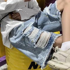 HEARUJOY  -  Loose Wide Ripped Bermuda Big Size with Pockets Half Long Baggy Oversize Short Jeans Pants for Men Man Denim Shorts Popular Emo