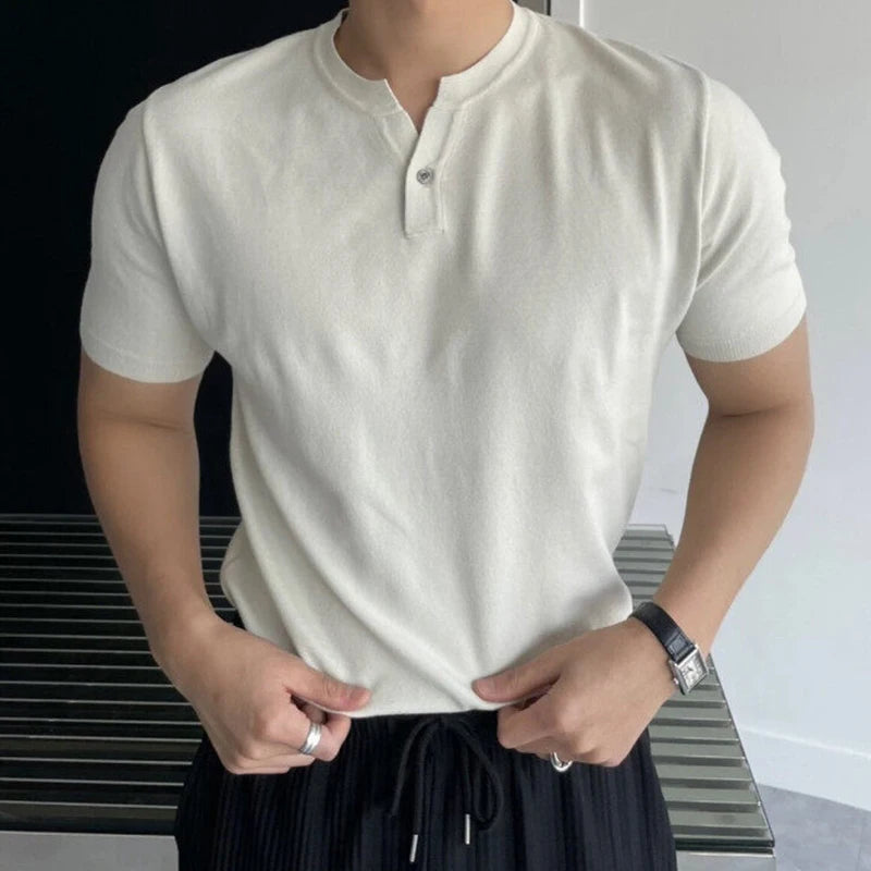 HEARUJOY  -  New Men Luxury Henry Collar T-Shirt Leisure Slim Button-down Solid Color Short Sleeve Tops Korean Style Summer Breathable Tees