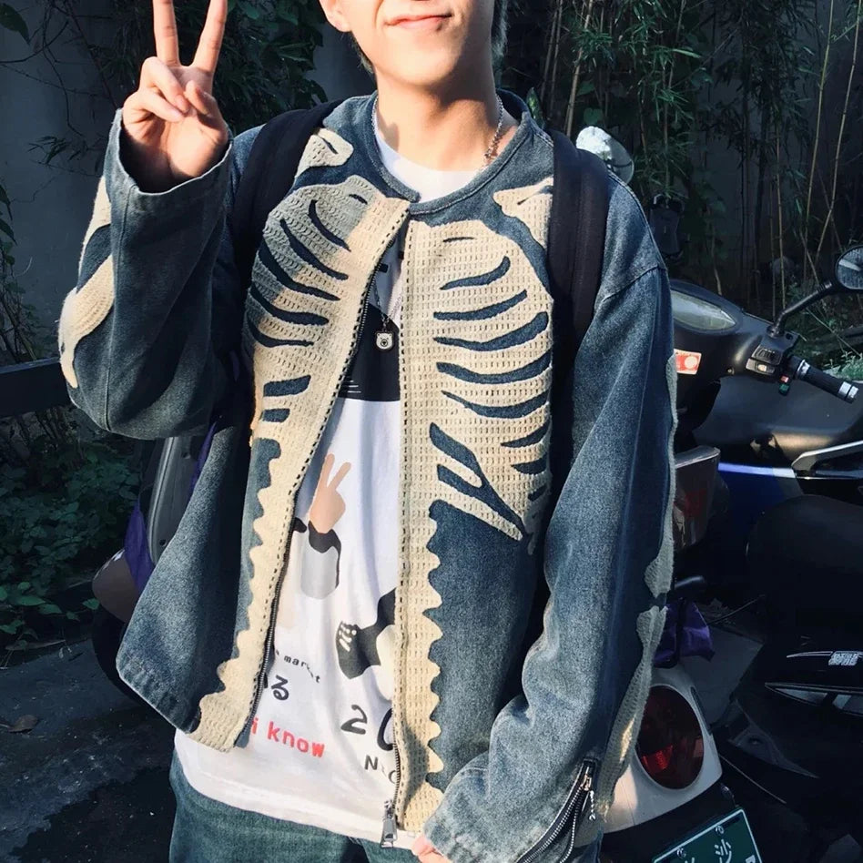 Hearujoy Streetwear Skeleton Bone Embroidery Washed Blue Denim Jacket for Men and Women Vintage Crew Neck Windbreaker Fall Jeans Coat