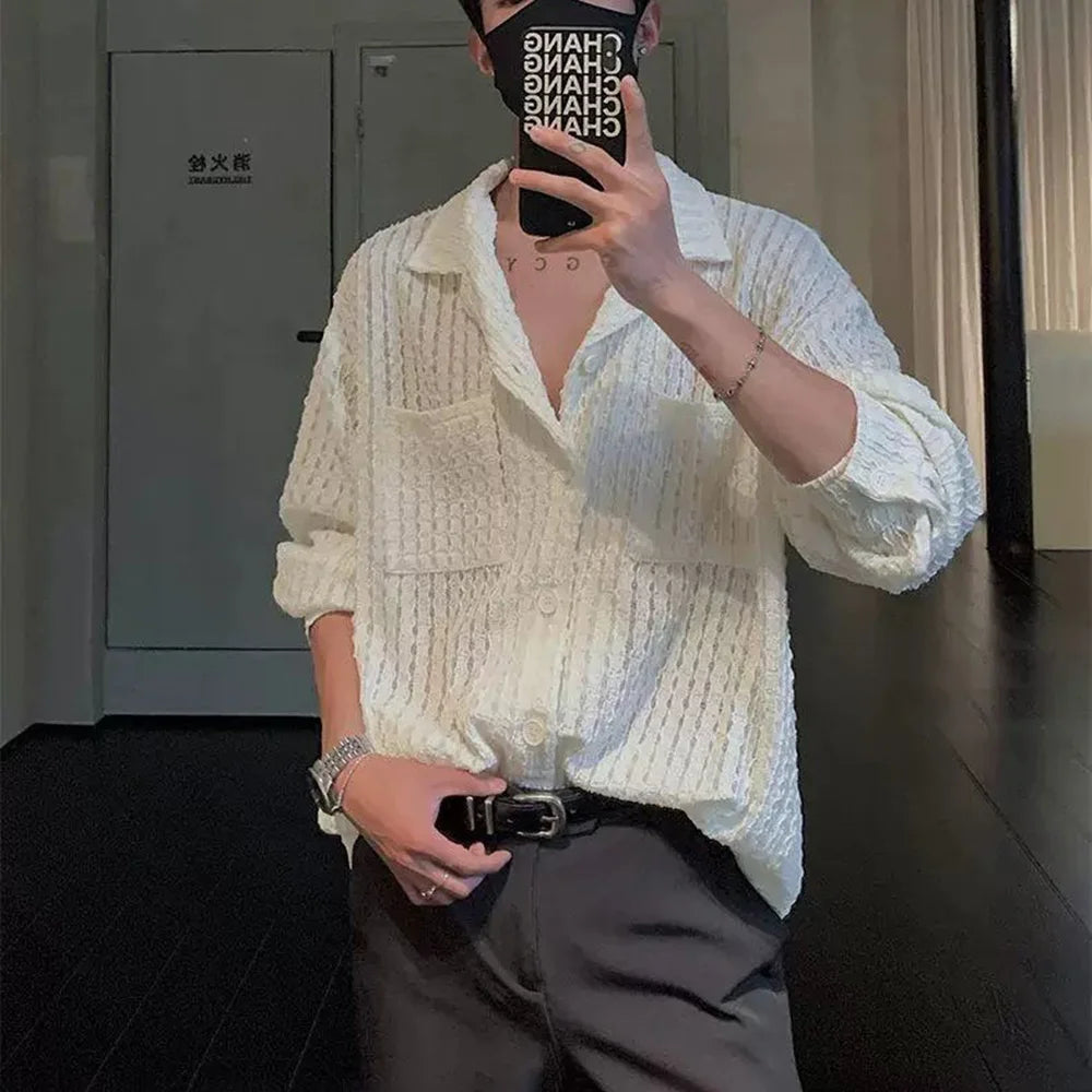 HEARUJOY  -  Mens Shirts Hollow Knitted Casual Shirts Spring Streetwear Fashion Thin Sexy Ballroom Long-Sleeved Tops Men'S Clothing 2025 New