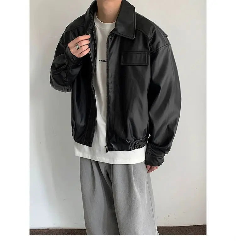 HEARUJOY  -  Men's Casual Texture PU Leather Jacket High Street Zippers Turn-down Collar Long Sleeve Retro Coat with Pocket Spring Autumn
