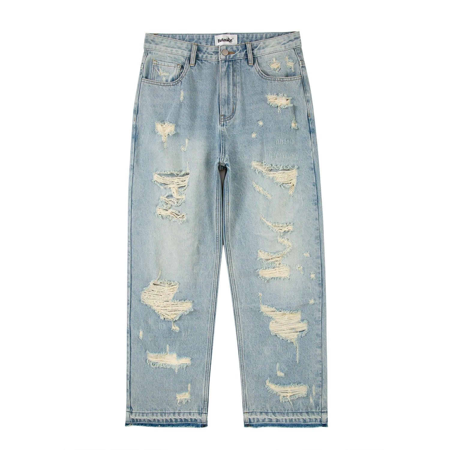 Hearujoy Washed Blue Oversized Torn Jeans for Men Streetwear Hip Hop Large Destroyed Wide Leg Jeans Baggy Straight Ripped Denim Pants