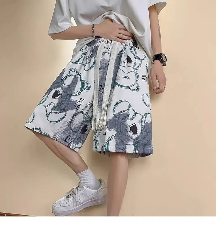 HEARUJOY  -  Men's New Spliced print Five-point Loose Drawstring Design Bear Print Shorts