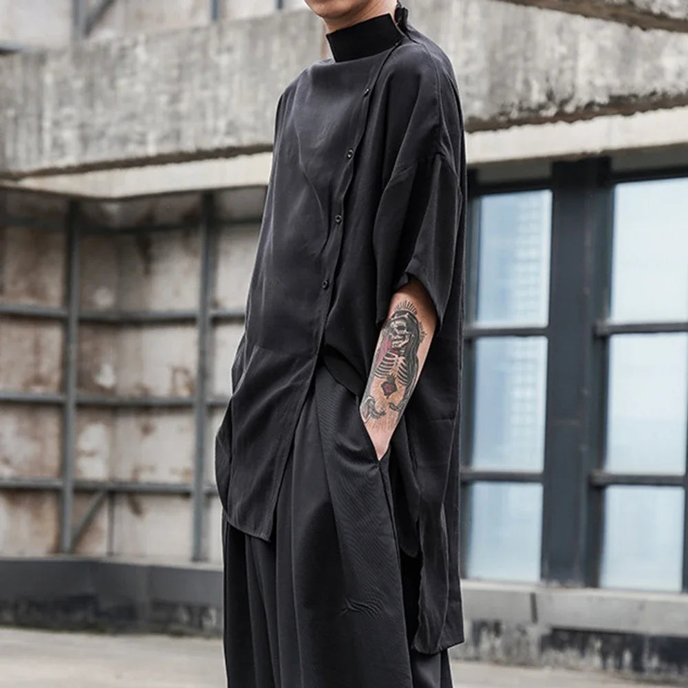 Hearujoy Japanese Mens Dark Tops Model New Loose Small Stand Collar T Shirt Summer Niche Tide Irregular Half Sleeve Shirts